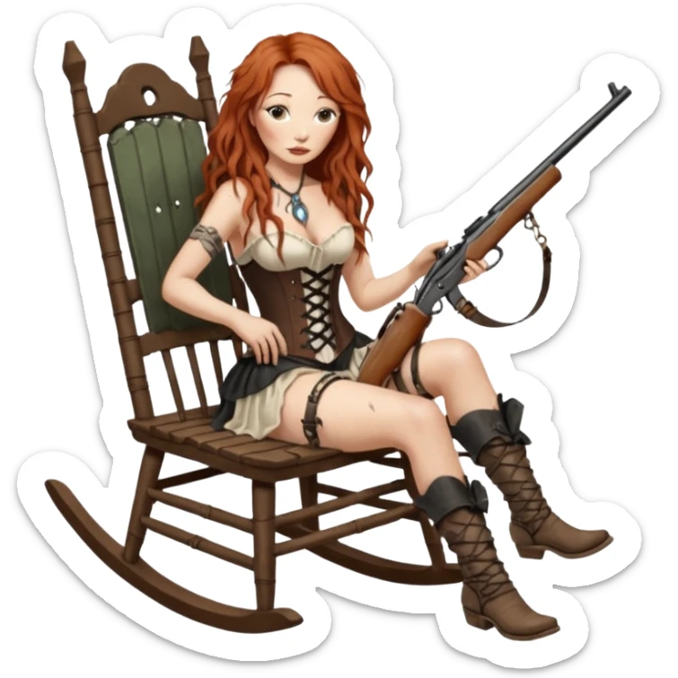 realistic cinematic Tori Amos sits on a rocking chair in a torn corset, holding an antique rifle and her bare feet are muddy. A white snake is wrapped around the chair. sticker
