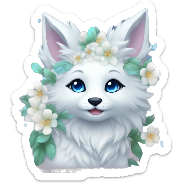 Anthro Cute Cool Kawaii gorgeous sparkly ethereal white fantasy animal creature with blue eyes furry sona with flowers beautiful aesthetic sticker