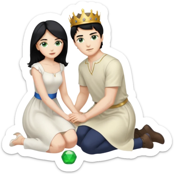 King, man, black Hair, blue eyes, whole body, Woman, bending knees, blonde, green eyes, White Dress, sticker