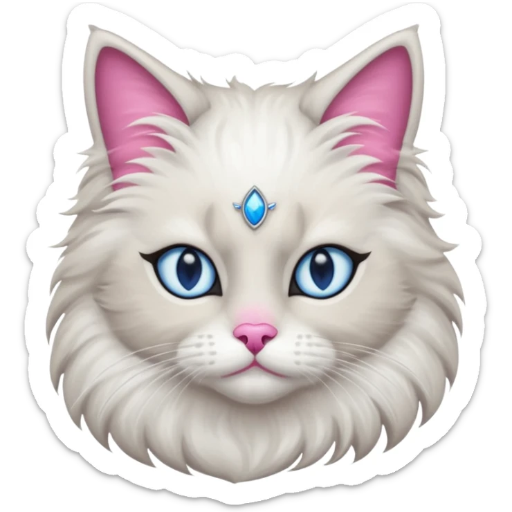 Neva masquerade cat, very fluffy, gray and white, with blue eyes and pink nose sticker
