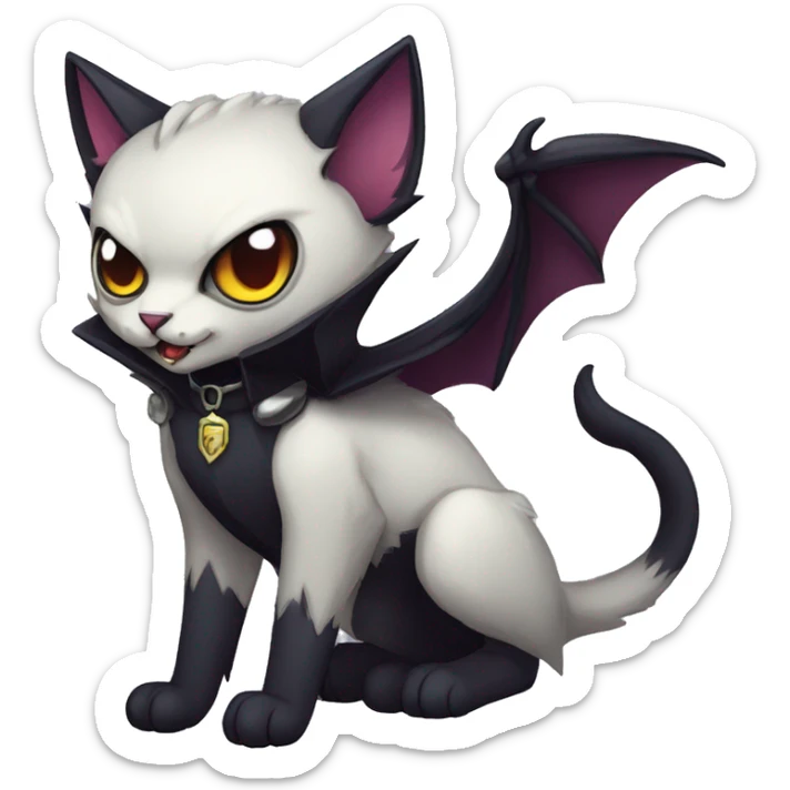  cool edgy fantasy dark-themed animal vampiric cat-hybrid Fakemon with fangs and bat-wing-ears with a collar full body sticker