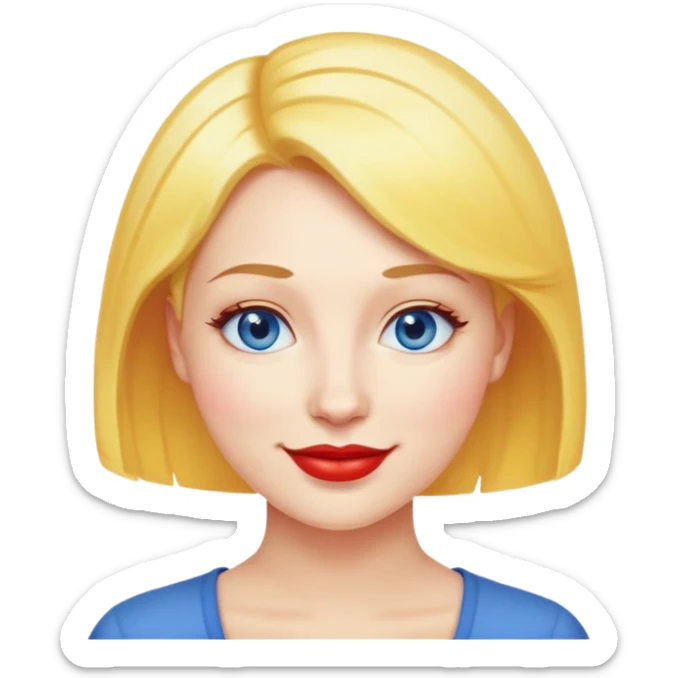 "- Nữ
- 30 tuổi
- Da trắng
- Tóc nhuộm vàng, tóc ngắn
- Mặt cười mỉm
- Mắt xanh, môi đỏ, phấn má hồng
" sticker