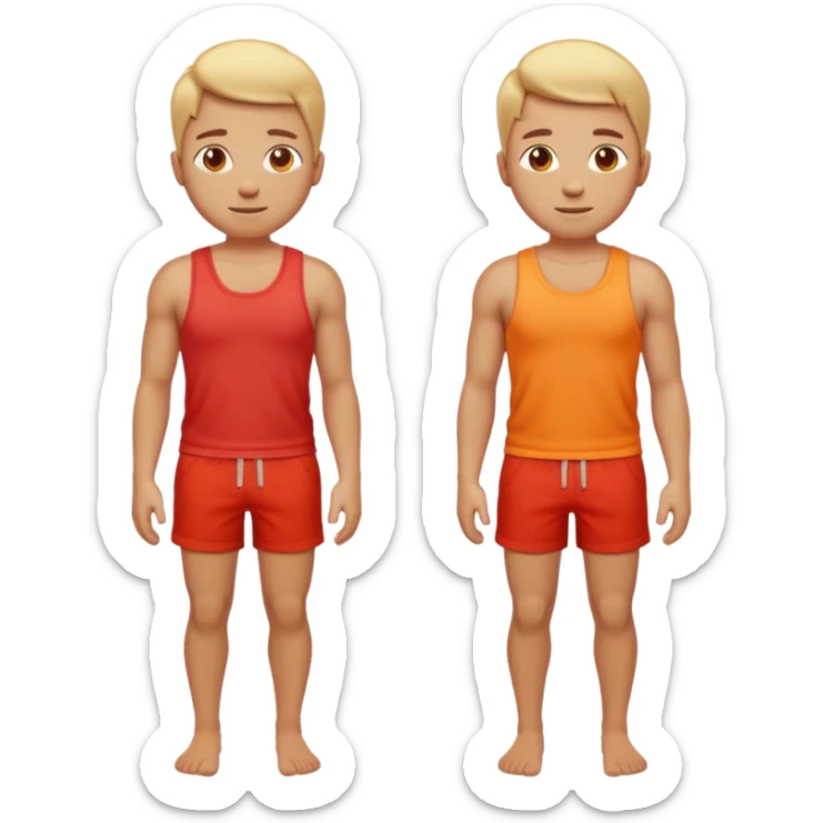 Emoji-style person standing in beach shorts, skin visibly sunburned and red on arms, legs, and face, but chest and shoulders clearly lighter with tank top tan lines. Expression shows mild pain or discomfort, cute rounded emoji design, soft 3D shading, vibrant colors sticker