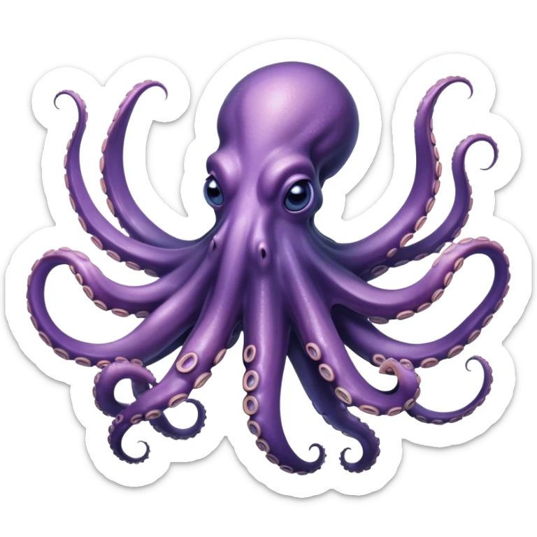 Cinematic Noble Octopus Portrait Emoji, Poised and enigmatic, with a fluid, amorphous body of iridescent, softly tinted skin and eight gracefully undulating arms adorned with delicate suckers, deep, observant eyes reflecting the mysteries of the deep, Simplified yet sharp and sophisticated features, highly detailed, glowing with a soft, oceanic luminescence, high shine, intelligent and mysterious, stylized with an air of deep-sea elegance, focused and fluid, soft glowing outline, capturing the essence of a watchful marine guardian that appears ready to drift out of the screen with effortless authority! sticker