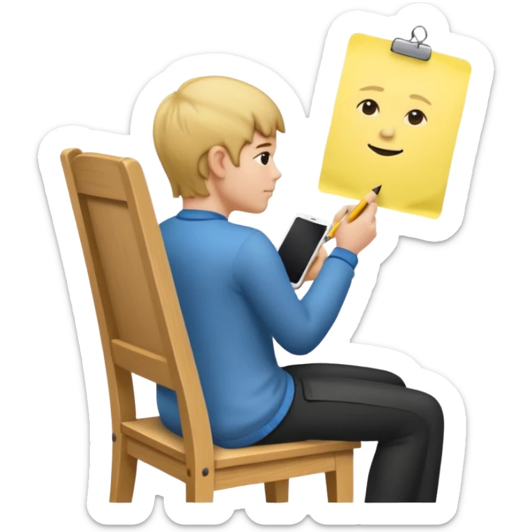 Memoji sitting on a chair from behind (pnly hair and back of the chair shown) writing on a sticky note  sticker