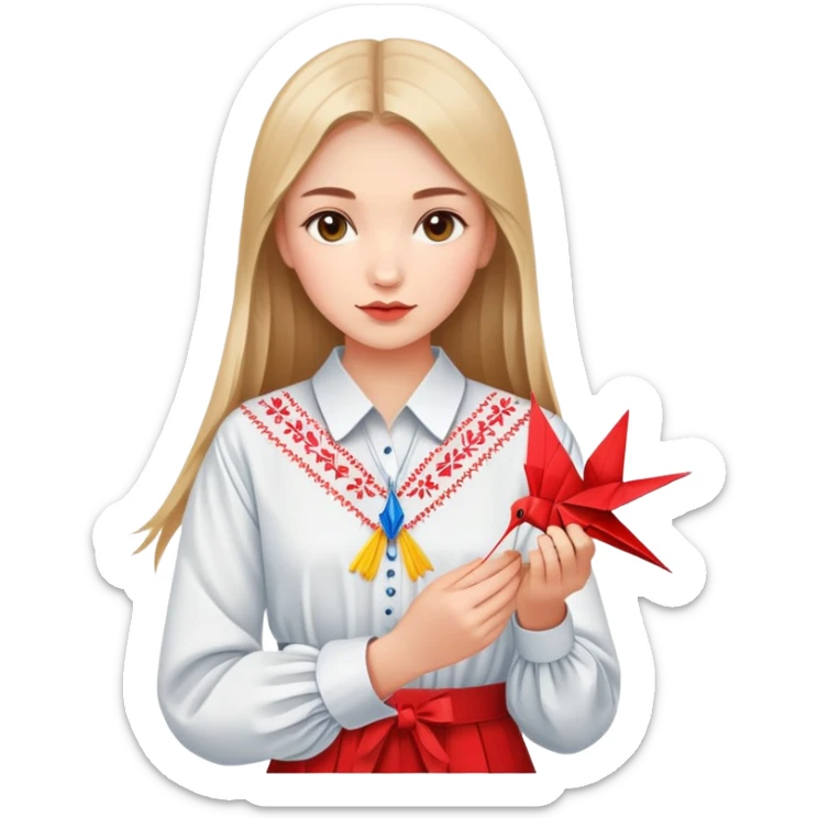 Ukrainian young girl in traditional embroidered vyshyvanka shirt holding a red origami paper crane sticker