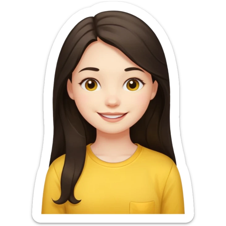 girl on her laptop, long dark hair white skin and yellow shirt long sleeves, smiling sticker