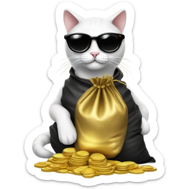 cat in brutal dark glasses with a bag of gold coins sticker