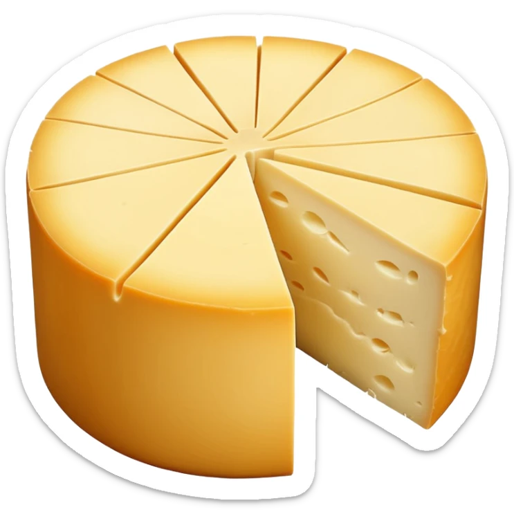small round wheel of Coulommiers cheese with soft white bloomy rind and pale yellow creamy interior, clean slice cut showing smooth slightly gooey texture near edge, velvety rind with gentle surface wrinkles, soft lighting, subtle shadows, transparent background, emoji scale sticker