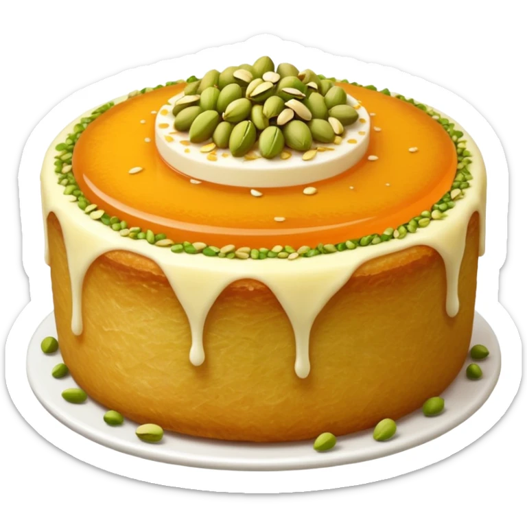 A small round emoji of traditional kanafeh with golden-orange crispy threads, a gooey white cheese center, and a light sprinkle of green pistachios. Warm and delicious-looking. sticker