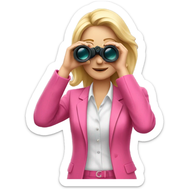 white female employee with pretty face and loose blonde hair wearing intensive color pink suit looking in binoculars sticker