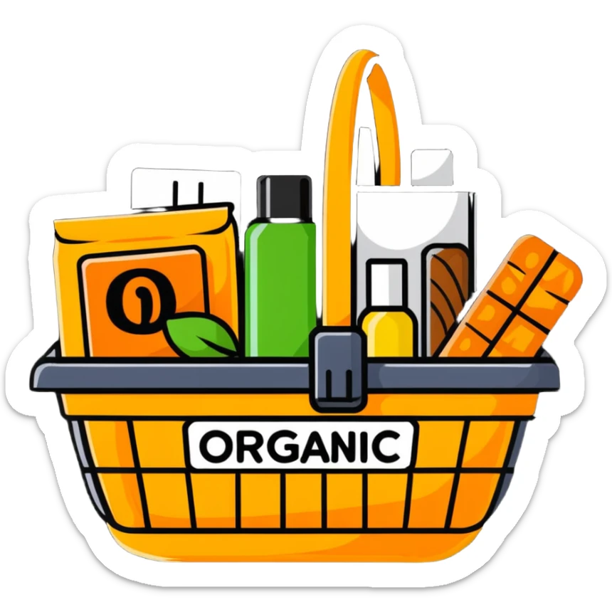 basket of organic products with a home delivery sign sticker