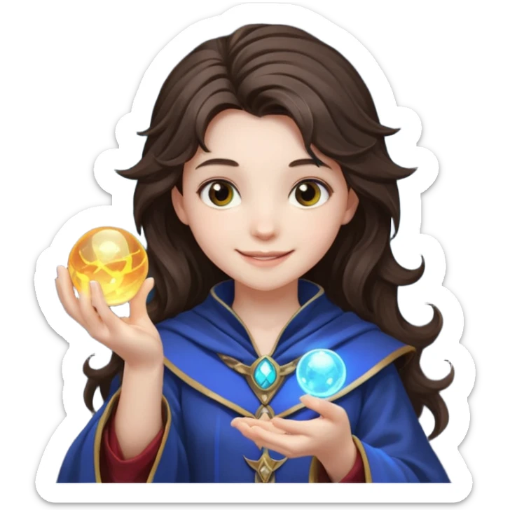 A teen brunette mage with tousled hair, holding a tiny glowing orb and smiling confidently. sticker
