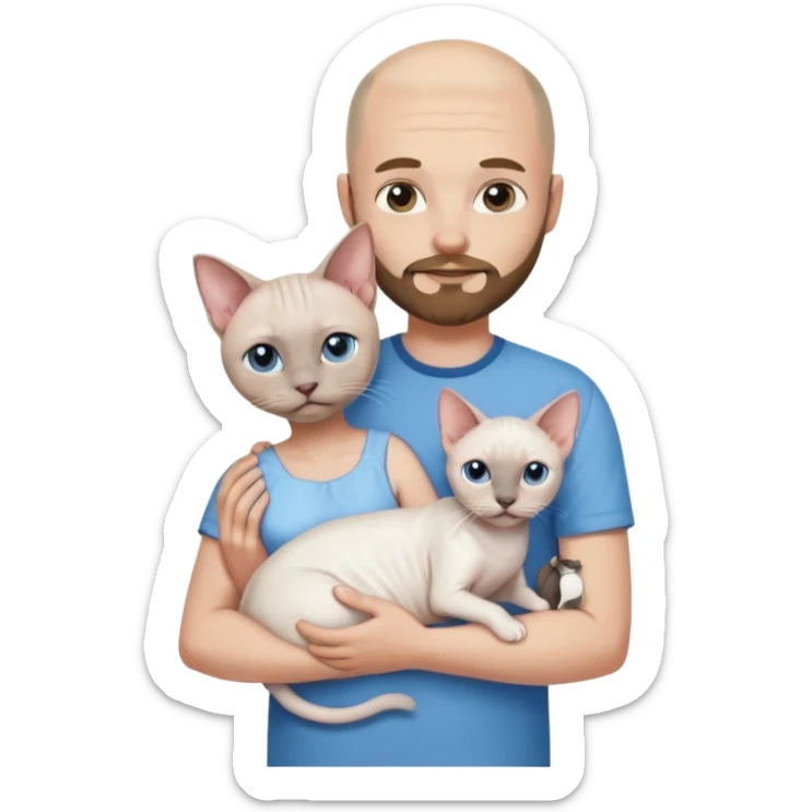 A couple a man and a woman. The man  is bald with a tiny beard and wearing a blue shirt, is holding a Siamese cat in his arms. The woman, who has light hair and is wearing a white dress, is holding a white Sphynx cat in her arms sticker