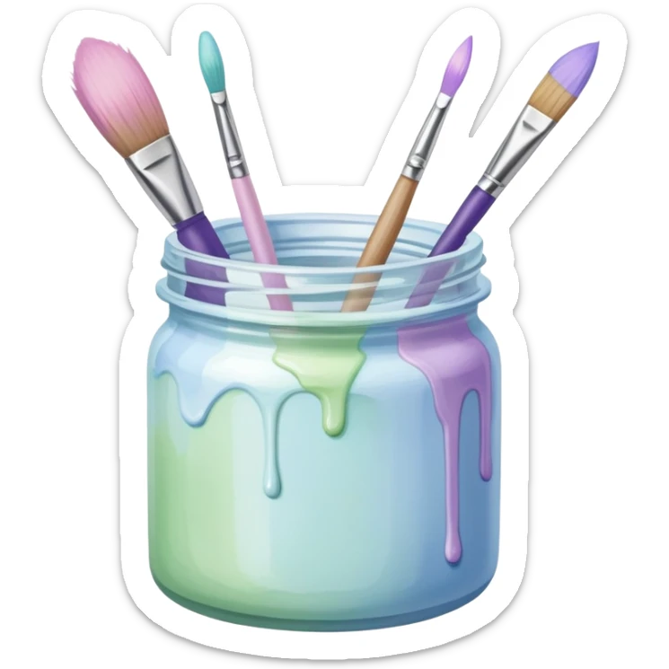 Watercolor paint jar of light blue, light pink, light green and light purple brushes sticker