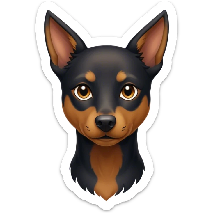 Cinematic Noble Black and Tan Kelpie Portrait Emoji, Poised and regal, with a strong, agile build and a glossy, well-groomed Fur of deep black and tan accents, piercing dark eyes, Simplified yet sharp and sophisticated features, highly detailed, glowing with a soft, dignified glow, high shine, intelligent and energetic, stylized with an air of determination, focused and attentive, soft glowing outline, capturing the essence of a watchful and confident herder, so majestic it feels as though it could bound out of the screen with effortless authority! sticker