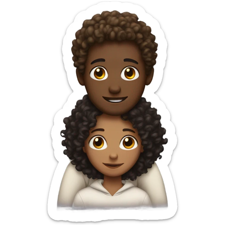 A curly white boy with hazel eyes hugging a black long hair woman with brown eyes sticker
