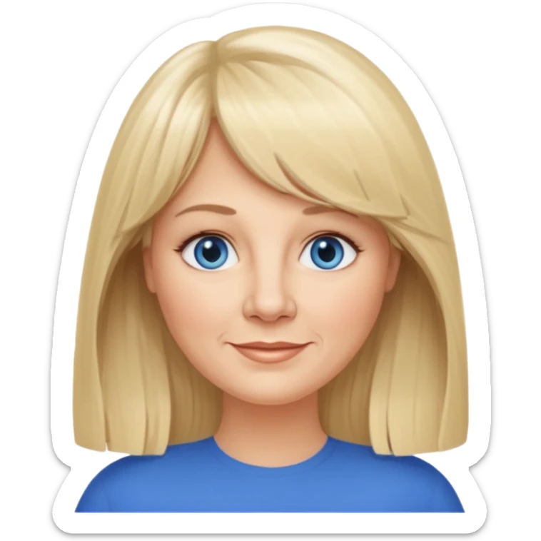 50 yr old white woman, curtain bangs, very long straight blond hair, oval face, small smile, blue eyes, slightly chubby face sticker