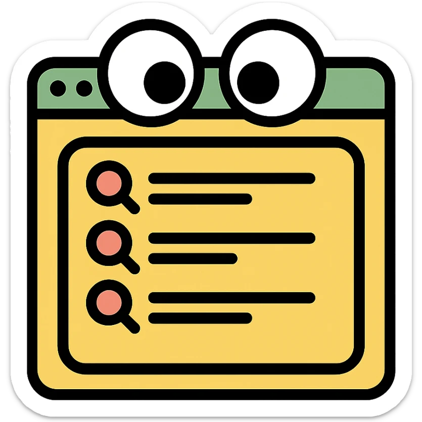 funny icon of a browser window with shocked eyes peeking over a search history list sticker