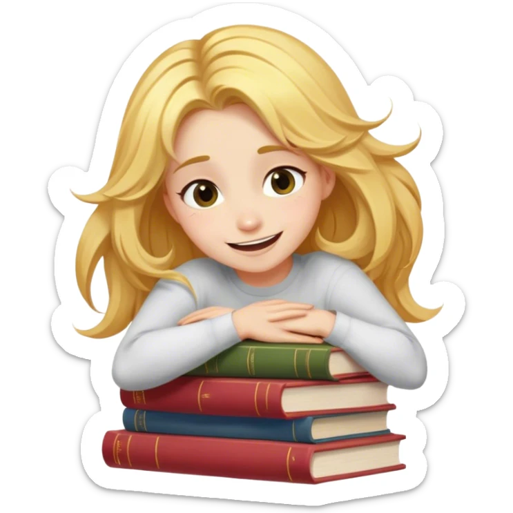 Cinematic Adorable Belle Portrait Emoji, Giggling as she hugs a stack of books, eyes twinkling with excitement, golden hair tousled slightly, a perfect mix of beauty and endearing nerdiness! sticker