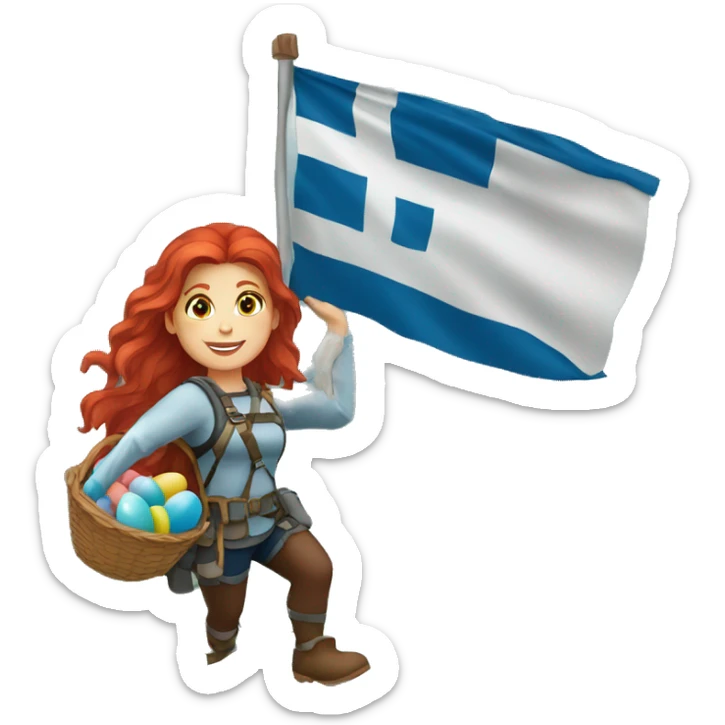 Female mountaineer red hair climbing with Greek flag and holding Easter eggs basket sticker