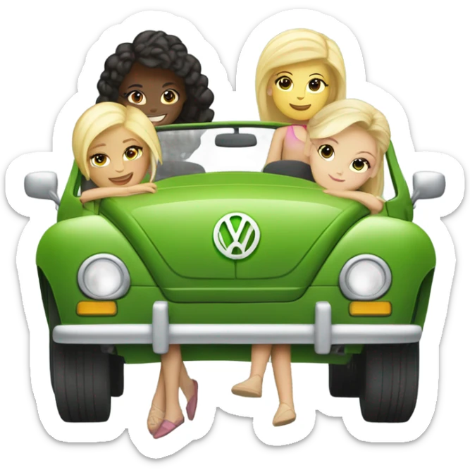 Two Caucasian blonde girls and two Caucasian brunette girls driving a green vw convertible sticker