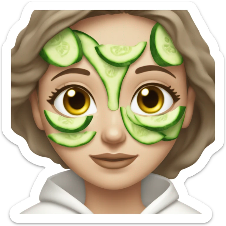 White girl with Brown hair and blue eyes wears a Green colored skincare clay textured mask and puts on cucumbers around her eyes while She relaxes in her white Robe sticker