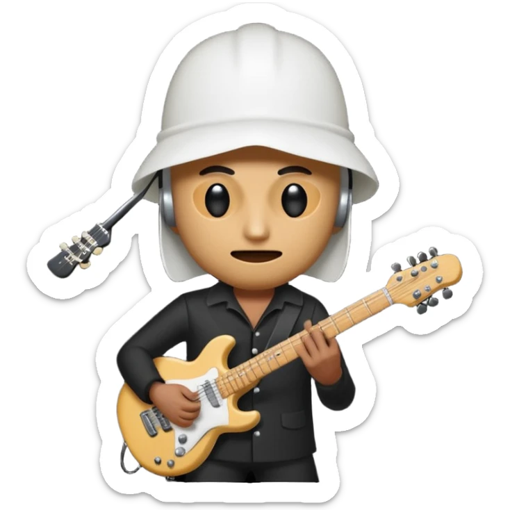 A quirky emoji-style character of a guitarist wearing a white bucket on his head, with two eye holes, a blank expression, and a small theatrical mask on the bucket. He’s holding an electric guitar, dressed in a simple black outfit, giving off a mysterious but playful rock legend vibe. sticker