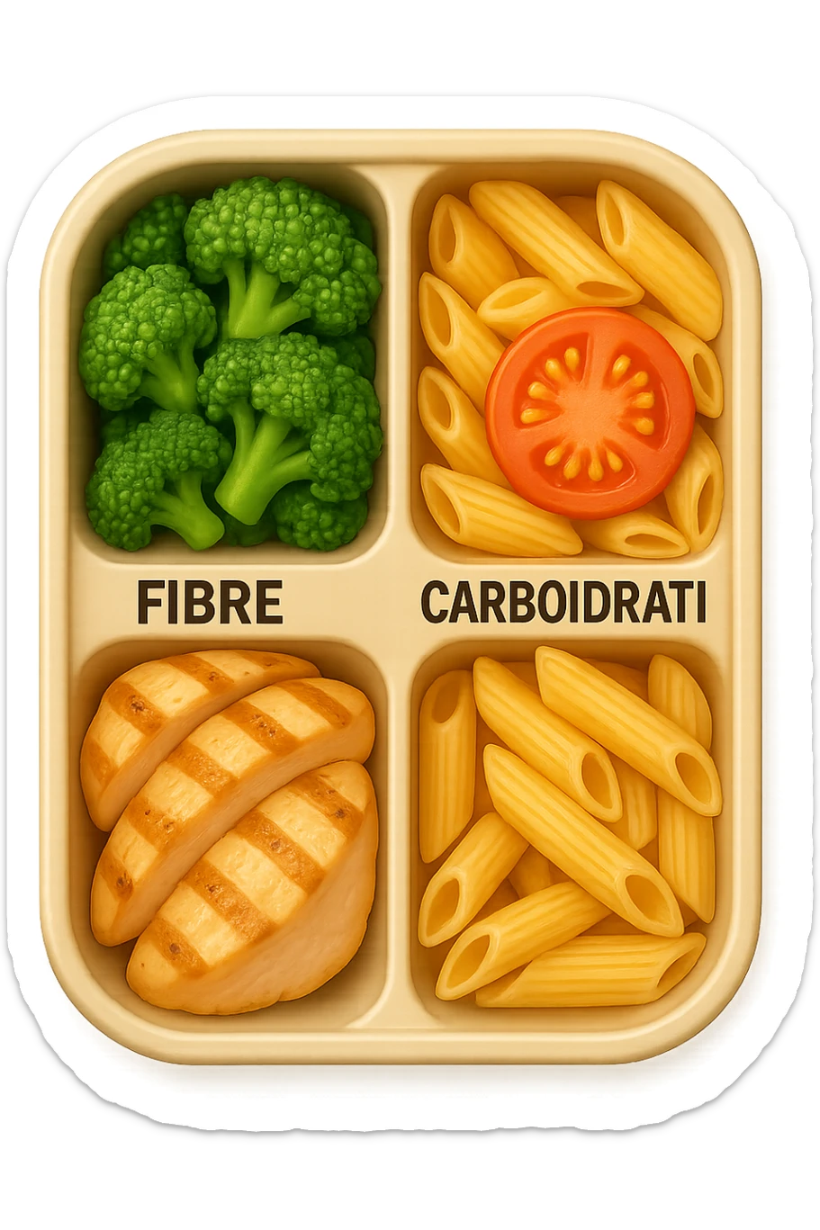 EMOJI STILE IPHONE DI una schiscetta vista dall'alto con 3 porzioni ben distinte: nelle porzioni scrivi le parole FIBRE, PROTEINE, CARBOIDRATI, iperrealistica 4k sticker