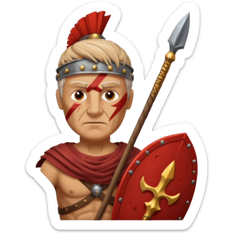 A seasoned Roman veteran with scarred armor, serious expression, gripping his spear.
 sticker