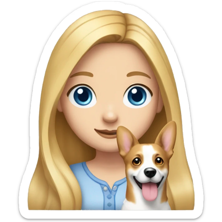 a girl with long blonde hair, she has blue eyes and a narrow nose and in her hands is a dog corgi sticker
