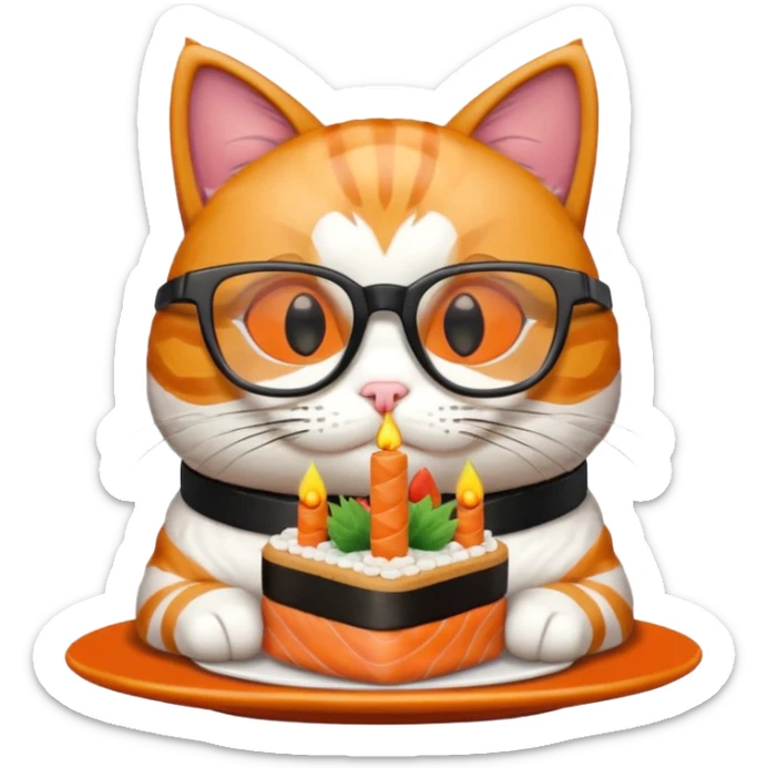 cat with cool square shaped glasses eating a birthday cake made out of sushi sticker