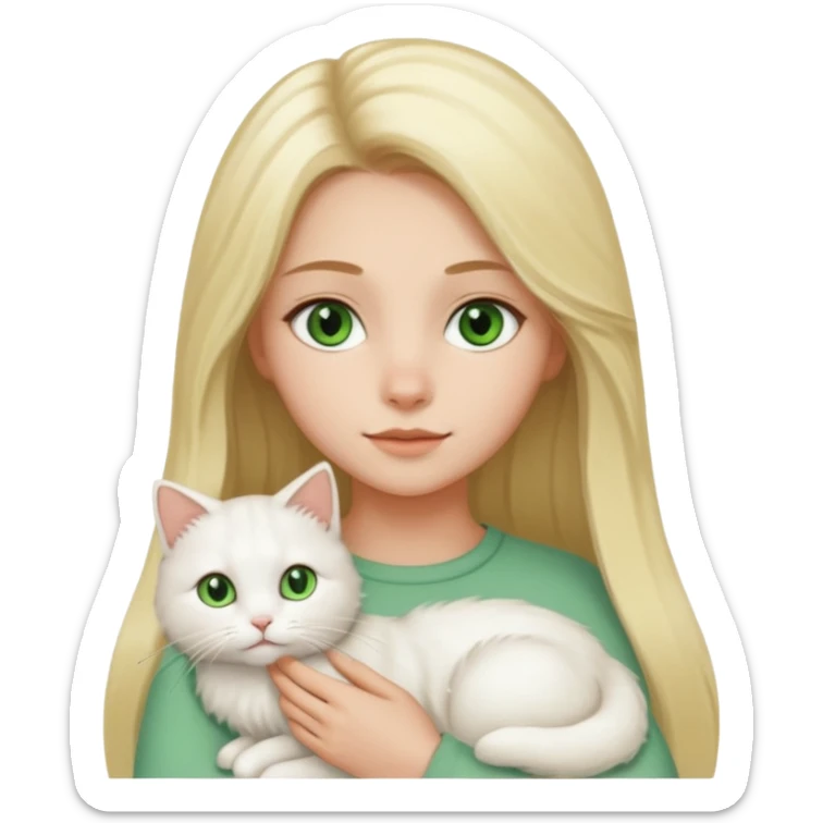 A cartoon-style digital illustration of a fair-skinned young woman with long blonde hair and brown eyes gently holding a fluffy white cat with green eyes against a white background. sticker