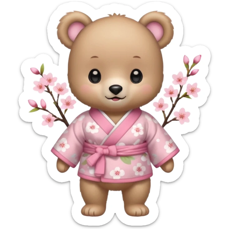 A cute baby bear character in pastel style, standing upright like a human. 
Light brown soft fur, large round ears, rounded paws and feet. 
Big cute black dot eyes, medium blush cheeks, and a tiny smiling mouth. 
Wearing a pink kimono with soft cherry blossom patterns on the sleeves and bottom,  sticker