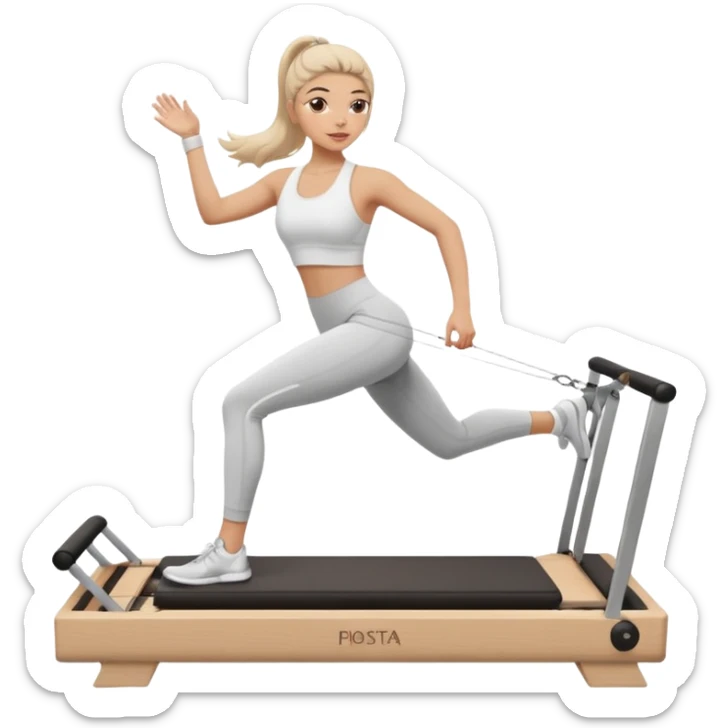 a girl doing reformer pilates, she is wearing a white fit and she has dark straight and loose hair.  sticker