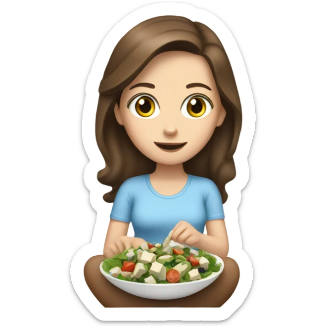 White girl Brown hair blue eyes eating Tofu salad sticker