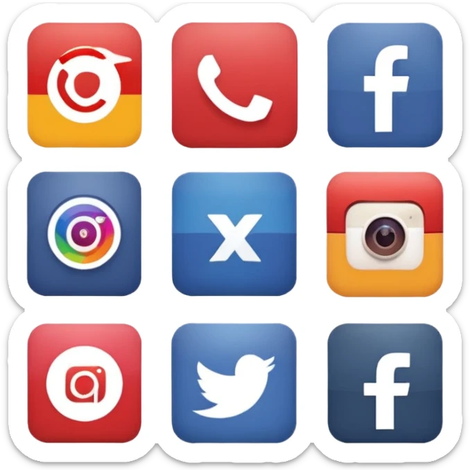 Socail media sauare emoji style icons 
Creat the quadrant with the logos of F.B, X, Trustpilot, Instagram, Youtube, Linkedineach icon is ther only ones, asme size, only icons of the social media that I mentioned only 6 icons sticker
