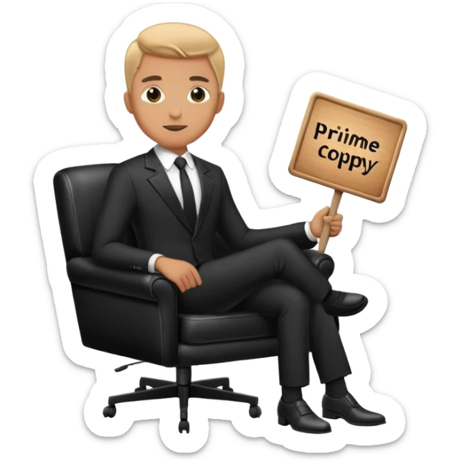 A man in a black suit sits on a black leather chair and holds a sign that says PrimeCopy sticker