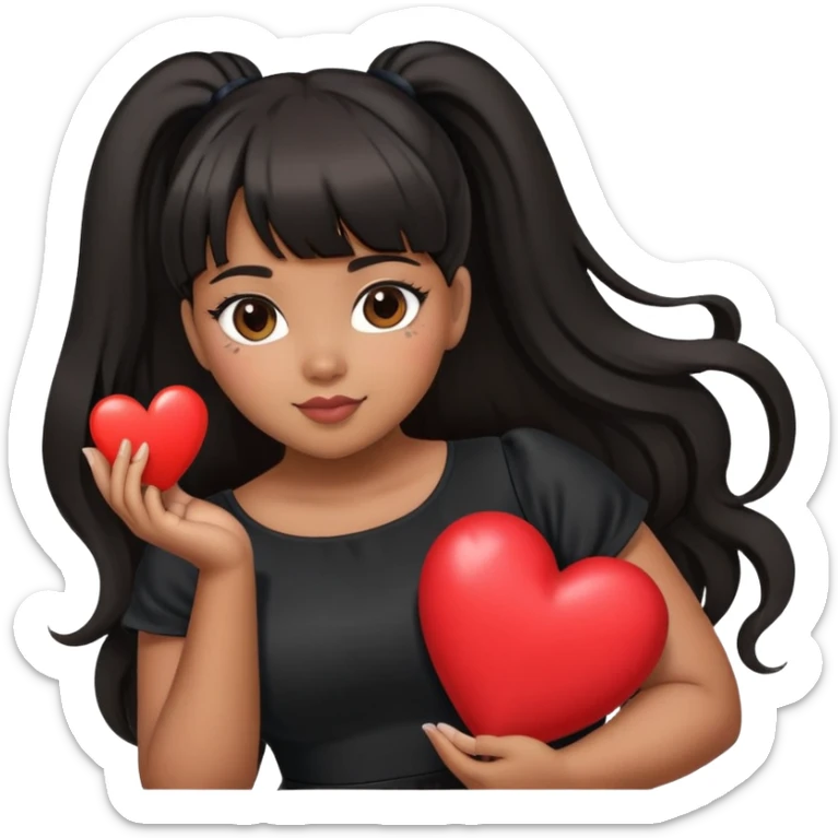 Latina girl with bangs black long hair in pony tail plus size black dress holding a heart sticker