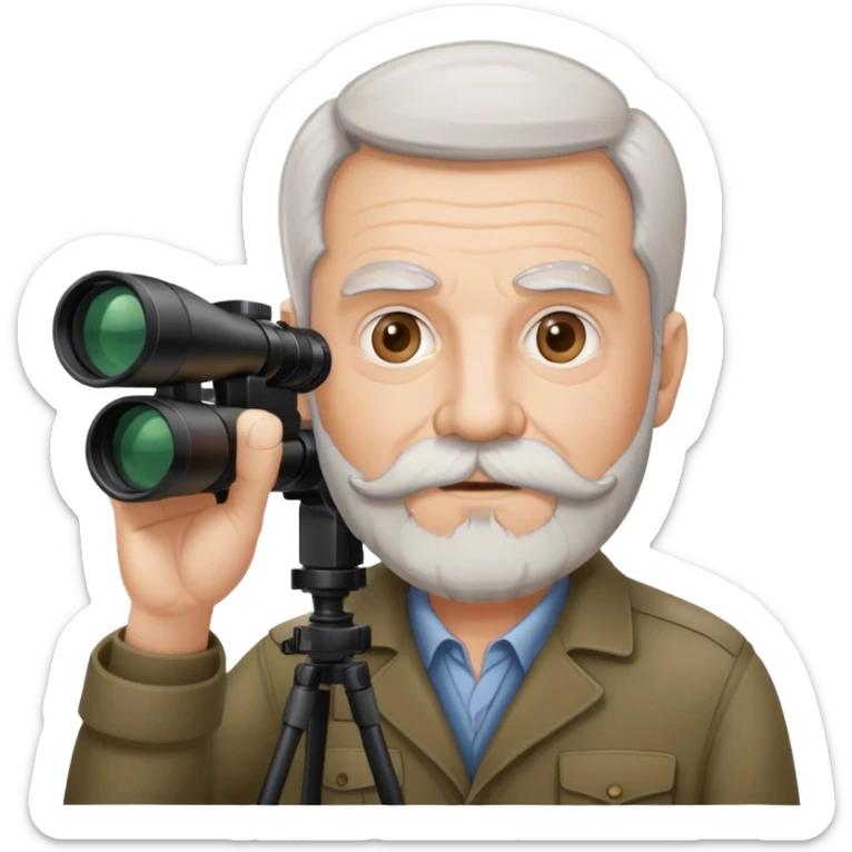 Older Man, white skin, full head of hair, beard & mustache, brown hair, holding spotter scope sticker