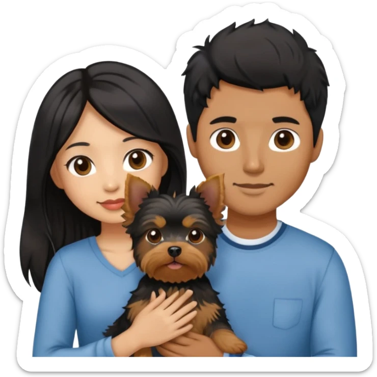 A couple holding a small Yorkshire Terrier together. The girl is Asian with long, luscious wavy black hair (loose, no hair tie). She is next to her boyfriend, a brown-skinned man with a short middle part haircut sticker