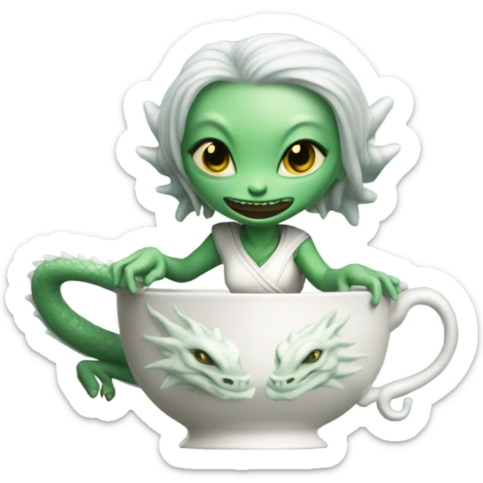 Photo realistic, alien female green,  on ride white china dragon infinite story sticker