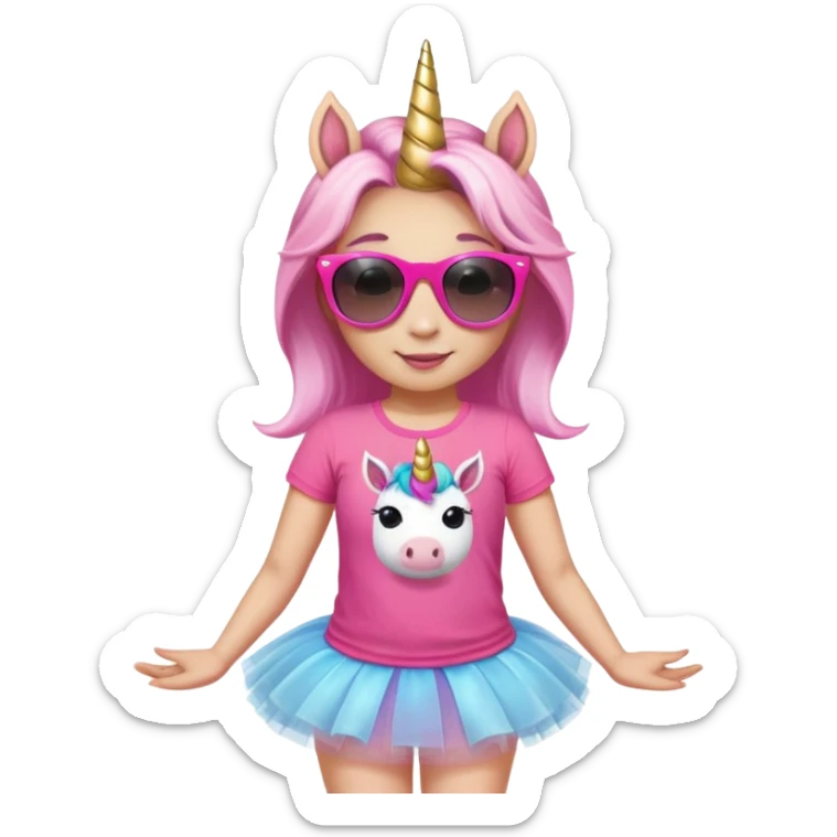 friendly anthropomorphised female unicorn in tutu and pink t-shirt, wearing dark sunglasses, relaxed pose, head and shoulders portrait sticker
