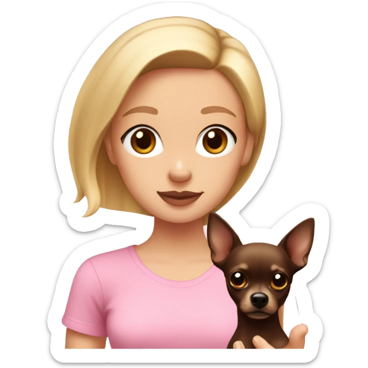 A girl with straight blonde hair with pale pink lips and brown eyes in a pink T-shirt holds a dark brown chihuahua in her hands sticker