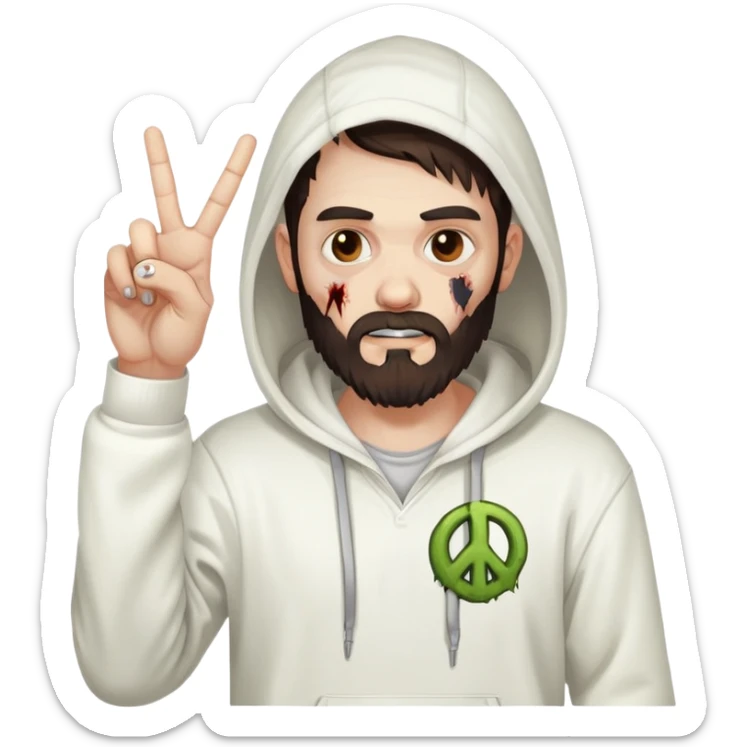zombie with peace sign gesture wearing white hoodie, with dark brown hair and short full beard sticker