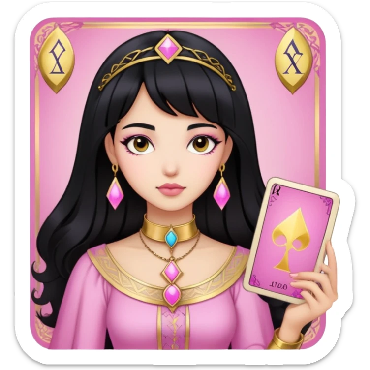 black hair girl with pink pink tarot gold cards sticker
