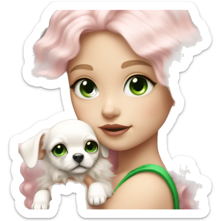 pale blond yt girl with wavy long platinum white hair with bright green eyes holding a white chihuahua puppy that wearing a pink bow sticker