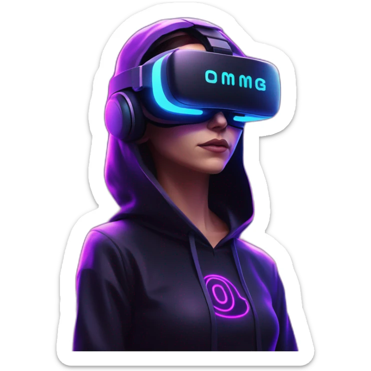 Cathie Wood wearing a black hoodie with "OMG" letters on it and VR headset in a cyberpunk VR environment with violet neon lighting. sticker