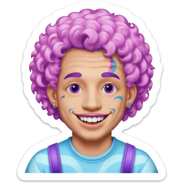 very cheerful colorful puffy violet curly haired man made out of cotton candy wearing teeth-braces and tattoos and face tattoos just face  sticker