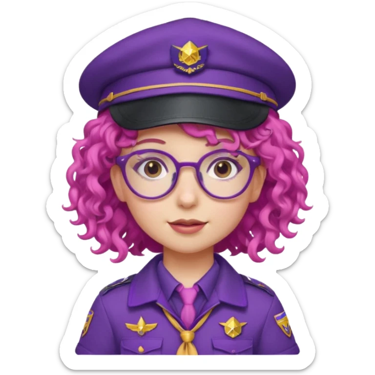 scout girl with pink curly hair and uniform and hat and glassess and purle uniform sticker